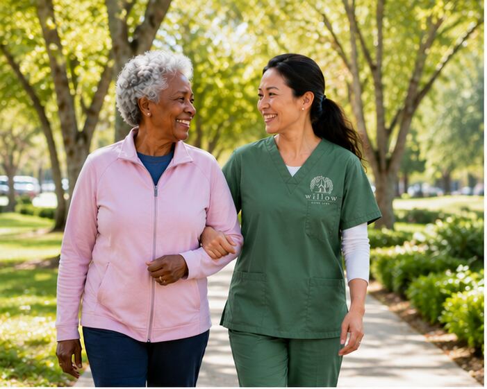 Caregiver and senior enjoying an outdoor walk together in Austin, TX