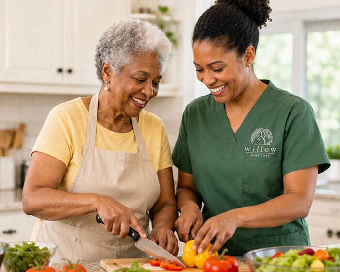 Caregiver and senior man cooking together in the kitchen