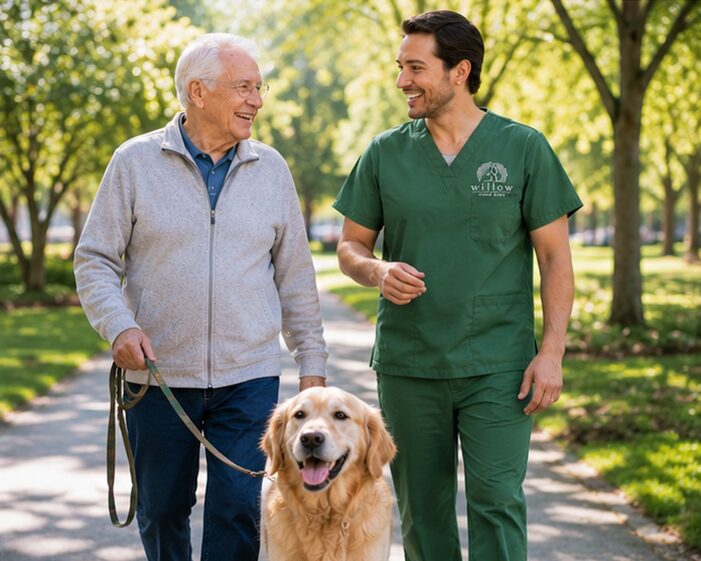 Caregiver walking a senior man and his golden retriever