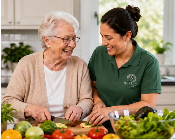 Caregiver helping a senior in Pflugerville, TX prepare a meal
