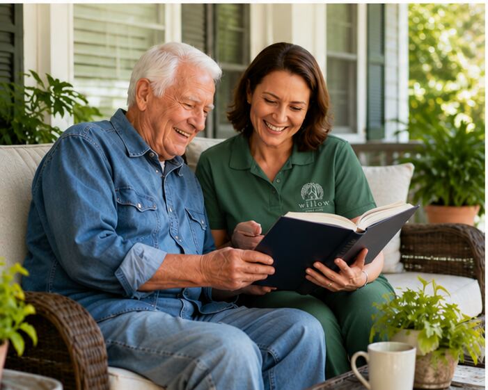 Caregiver and senior reading together on the porch in Austin, TX