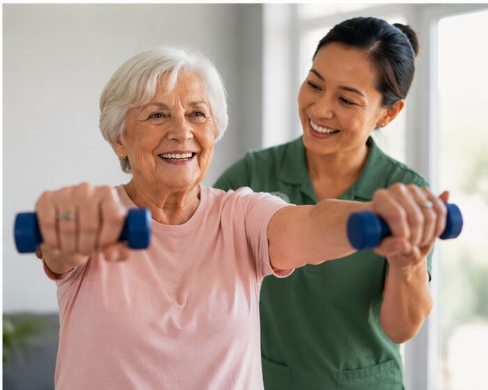 Caregiver supporting a senior with light exercise in Georgetown, TX