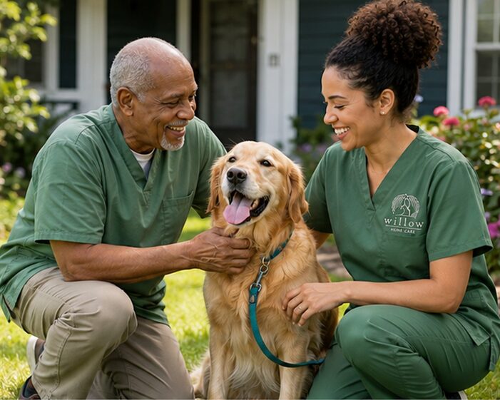Professional caregiver assisting a senior at home in Austin, TX
