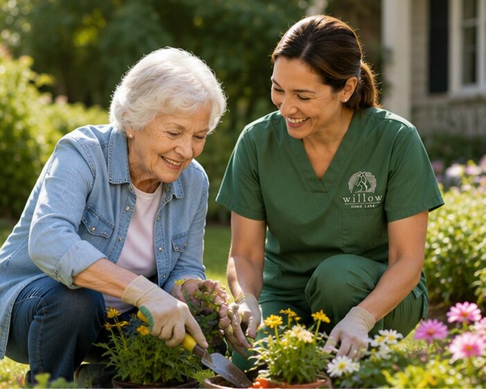 Caregiver and senior walking together in a Georgetown, TX neighborhood
