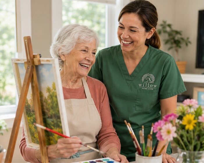 Caregiver assisting a senior during an evening at home in Austin, TX