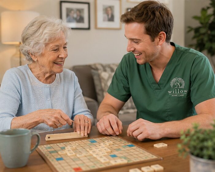 Caregiver helping a senior with daily tasks at home in Texas